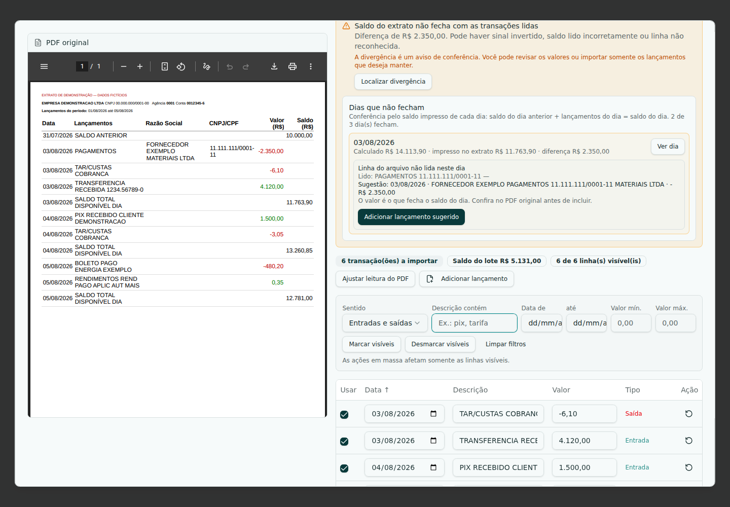 Conferência do extrato em PDF no Lancio apontando o dia em que o saldo não fecha e sugerindo o lançamento que falta (dados fictícios)